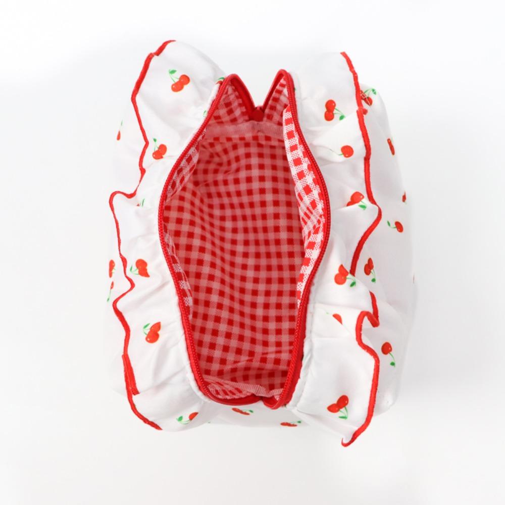 Large Capacity Ruffle Makeup Bag Cherry Printed Wash Storage Bag Sweet Toiletry Organizer Skincare