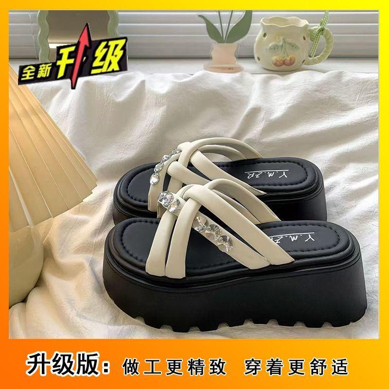 Fashion Thick Bottom Heightening One-word Slippers Rhinestone Premium Outer Wear Versatile Non-slip Comfortable New Summer