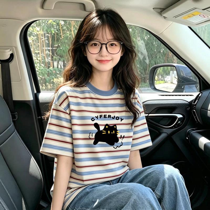 Korean Style Girls' Striped Short-Sleeve T-Shirt, Summer Fashion for Ages 6-12, Loose Fit Versatile Top