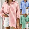 Spring/Summer 2025 Striped Polo Collar Shirt with Pocket and Roll-Up Sleeve Cuffs