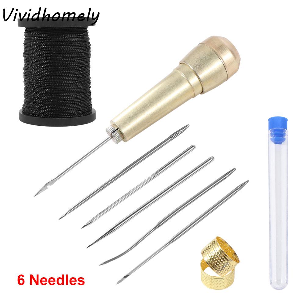 1Set Sewing Awl Needle Handmade Leather Sewing Tools with Copper Handle Nylon Thread Leather Sewing Tapered Needles DIY Craft
