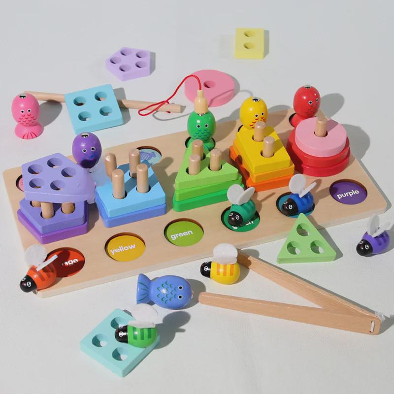 Children's Educational Toy Set: Shape, Color Matching, Building Blocks, Fishing Game, and Fruit Cutting.