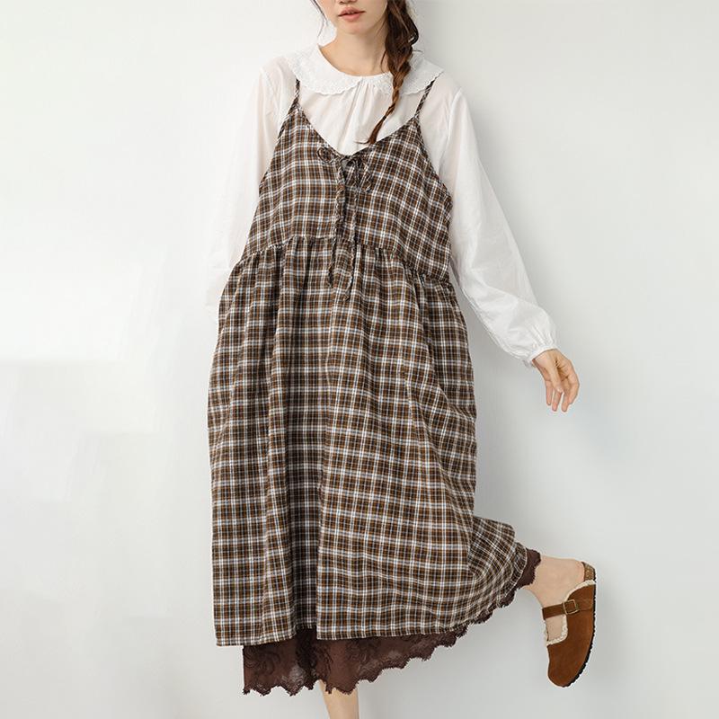 2026 Spring/Summer Mori Girl Lace-up Plaid Maxi Dress - Versatile Layered Camisole Skirt