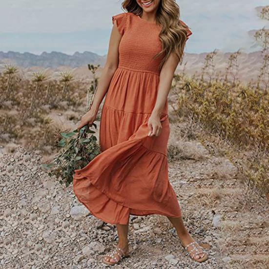 Women Dress Flying Sleeves Large Hem Summer Smocked Tiered Dress Streetwear