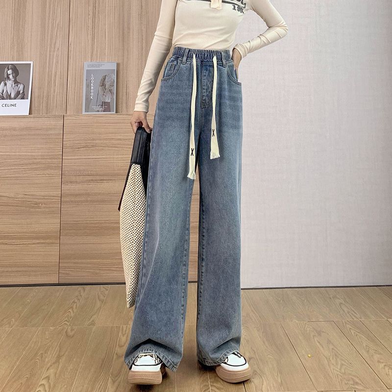 

2025 Wide Leg Denim Women s Fashionable Ins Elastic Waist Drawstring Straight-leg Loose Oumeite Plus Size High Street Pants Women Light blue 3XL [70.50 kg-80.00 kg]]