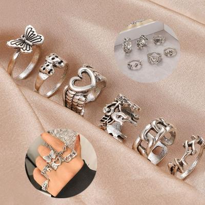 Retro Grimace Butterfly Ring Fashion Trend Ring Six-piece Ladies Ring Heart-shaped Adjustable Ring