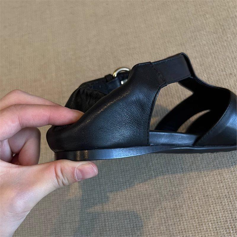 Top layer leather summer retro hollow Roman casual pig cage shoes Baotou sandals women's flat T-19-2