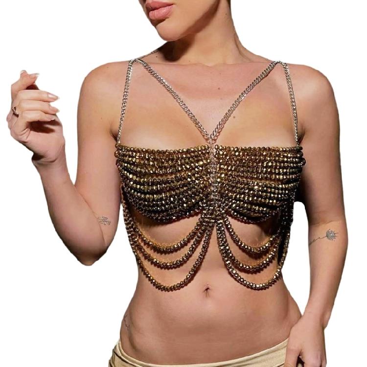 Women's Halterneck Vest Beaded Accents Glass Crystal Body Chain For Summer Parties Beach Vacation Stylish Chest Jewelry