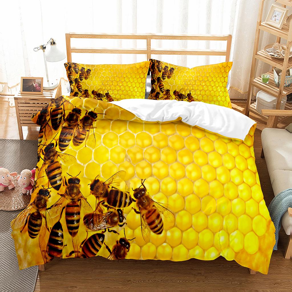 Yellow Bee Duvet Cover Collection Cartoon Wild Animals Pattern Quilt Cover With Pillowcase Lightweight Soft Gift King Queen Full Size