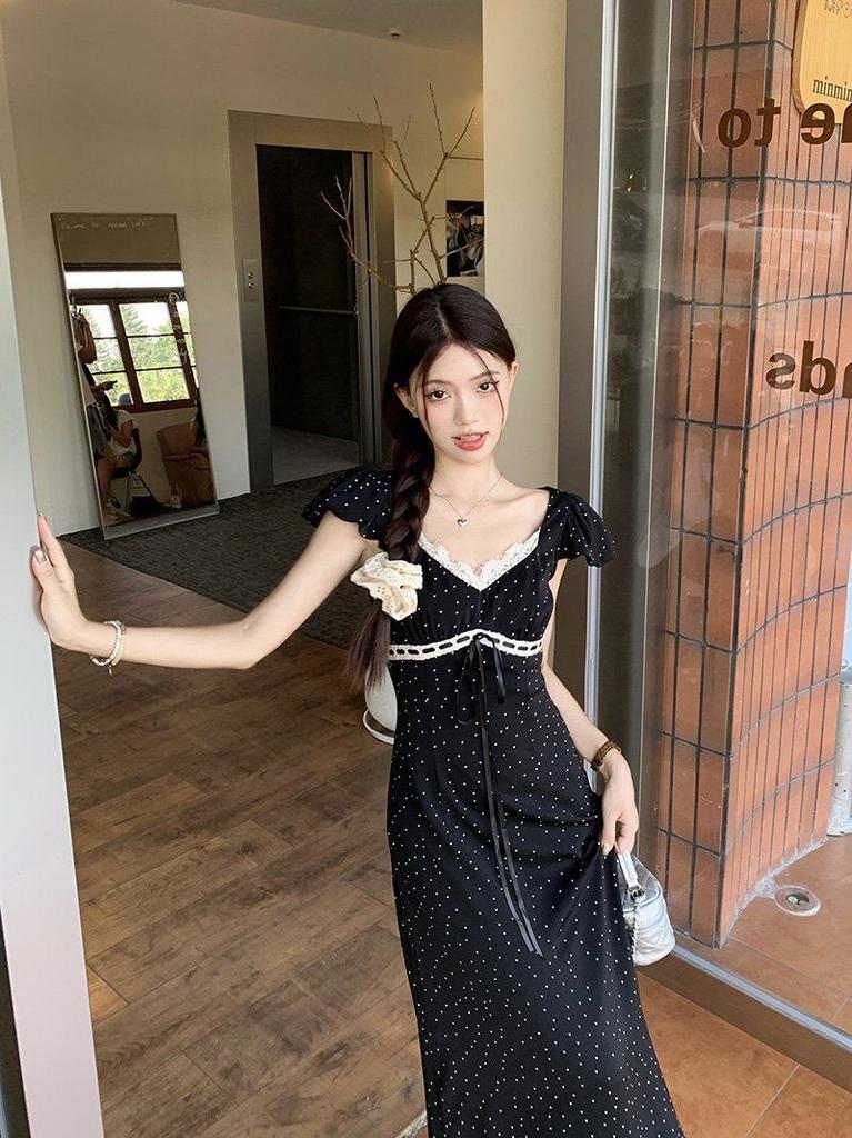 Female Summer Dress With Polka Dot Pattern And Splicing Design For Elegant Occasions