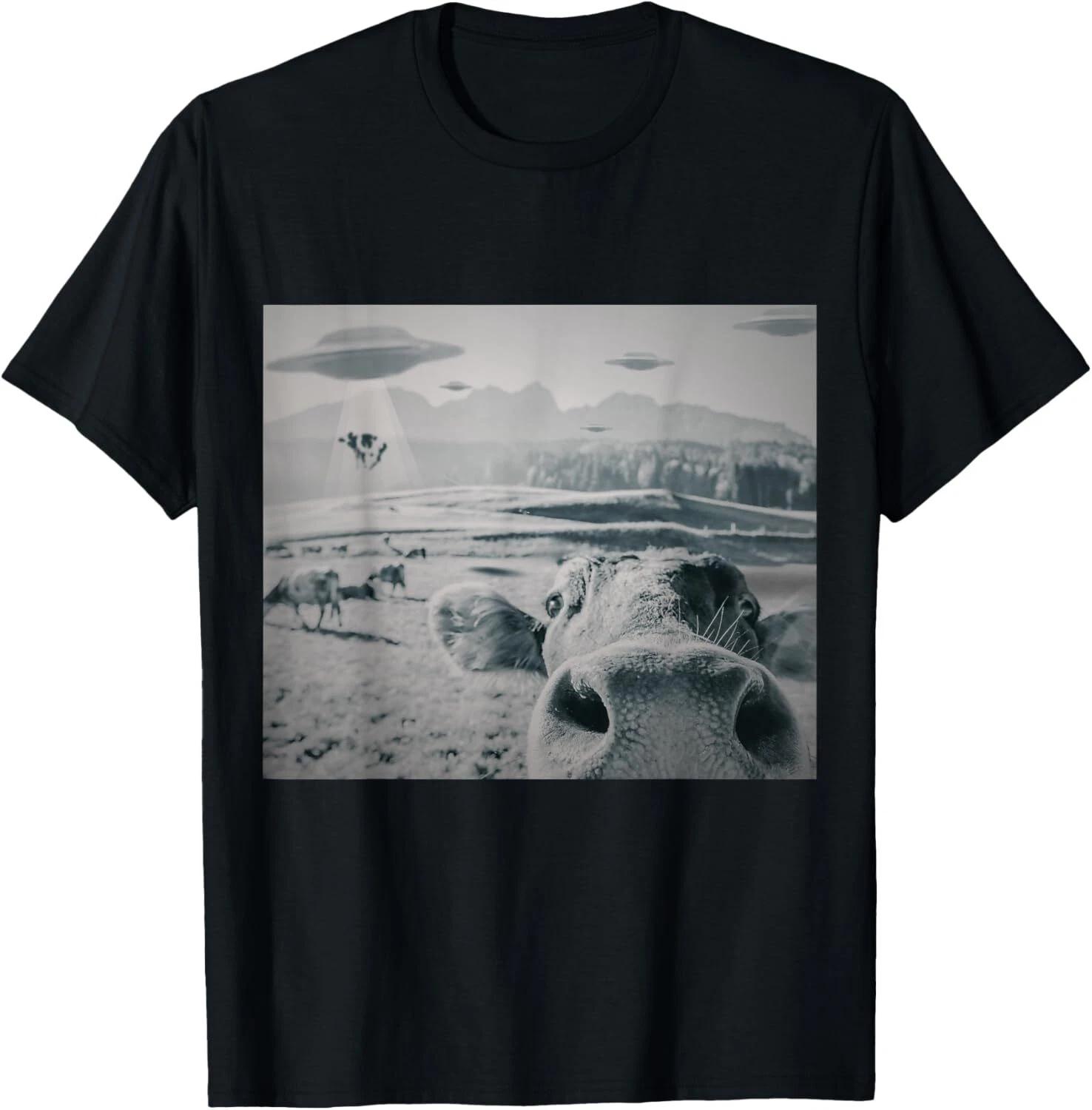 Funny Graphic Cow Selfie With UFOs Weird Gift Unisex T-Shirt 4XL