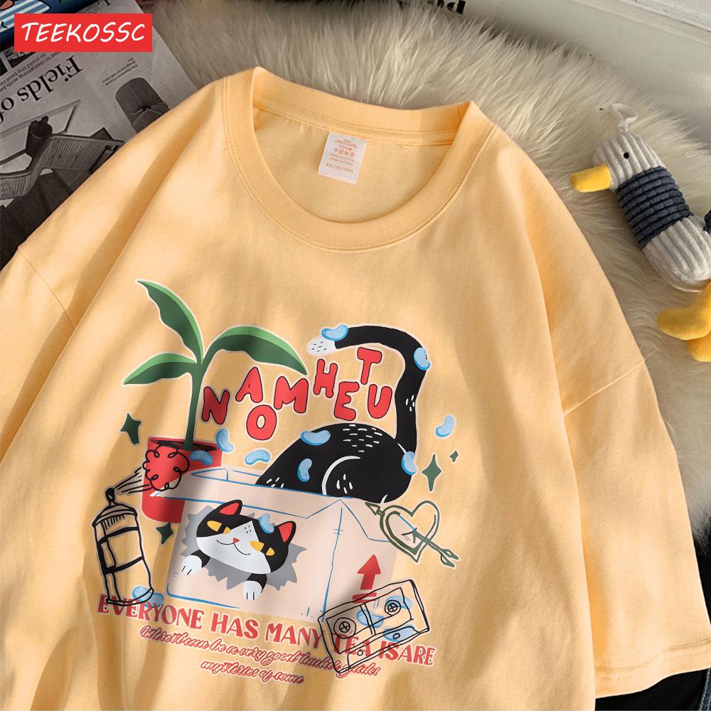 Street Cotton Dámská trička Retro Kreslená kočka Potisk Topů Oversize O-výstřih Měkký Krátký rukáv Letní Ležérní Dámské oblečení