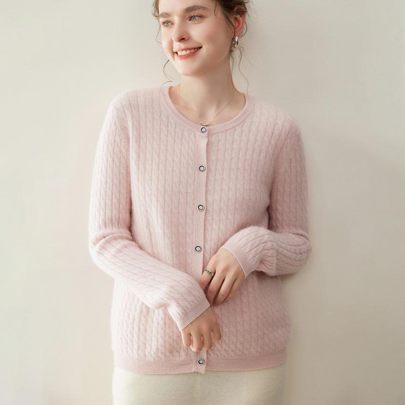 Women's 100% Pure Cashmere Cable Knit Round Neck Cardigan Sweater for Autumn and Winter