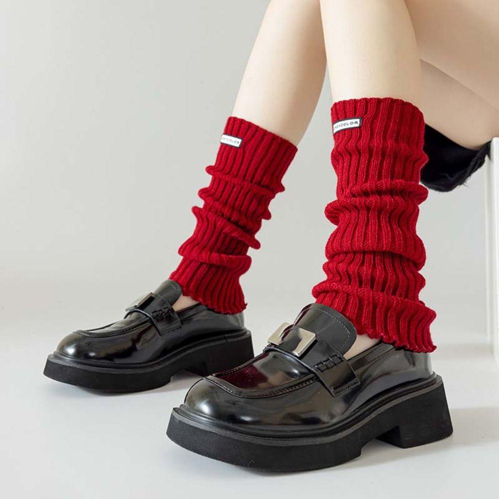 Red Color Leg Warmer Women Thicken Knitted Leg Covers Trendy Long Stockings Girls