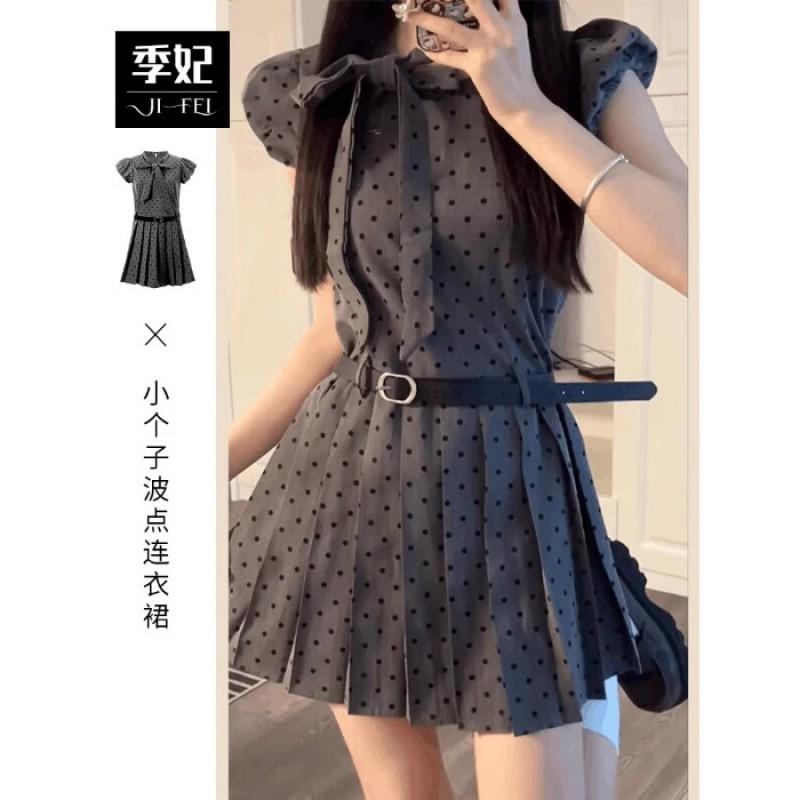 Gray Polka Dot A-Line Mini Dress With Puff Sleeves Waist Belt Sweet College Style Petite Women