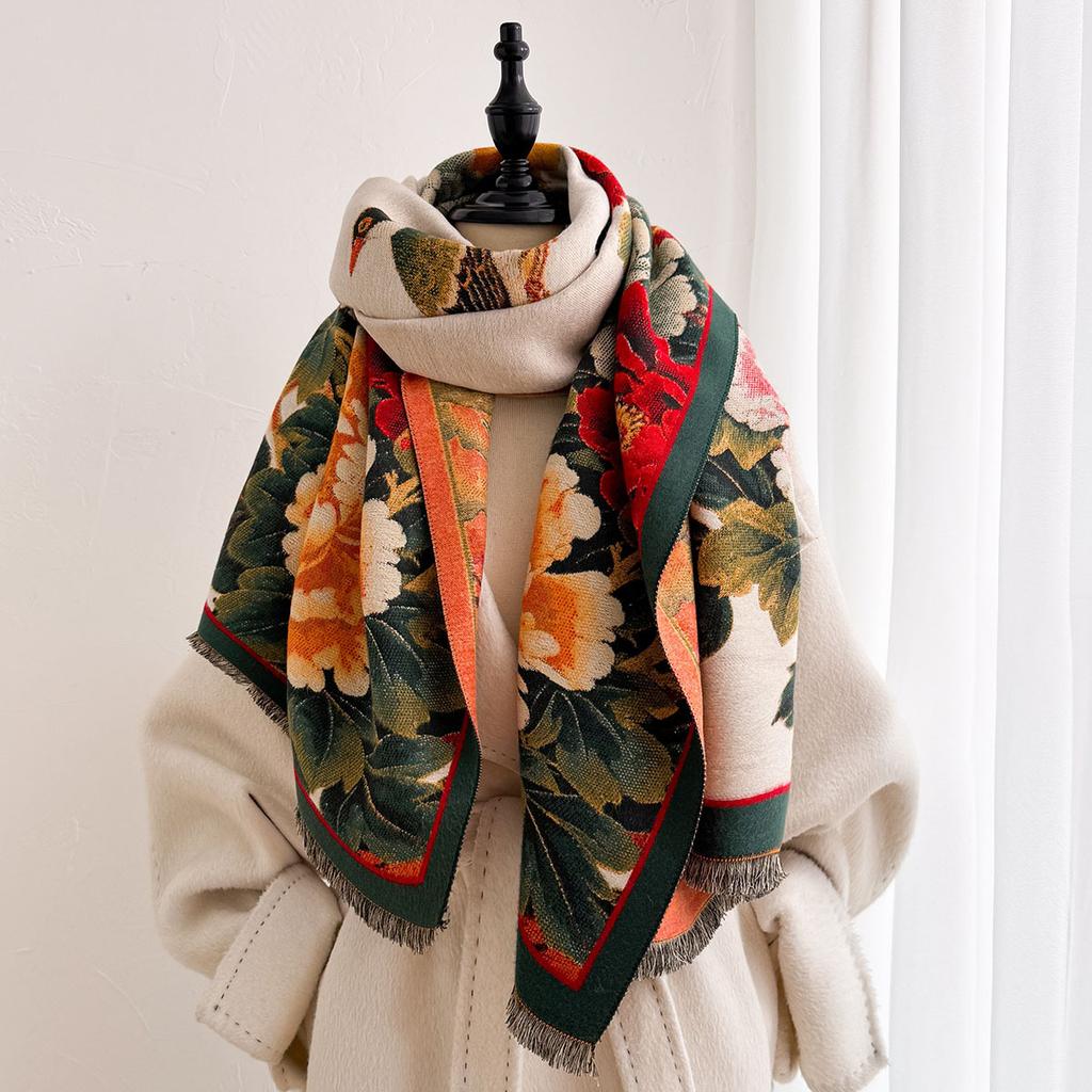 New Chinese Peony Flower Imitation Cashmere Jacquard Scarf Women's Autumn and Winter New Retro Thickened Warm Scarf Shawl