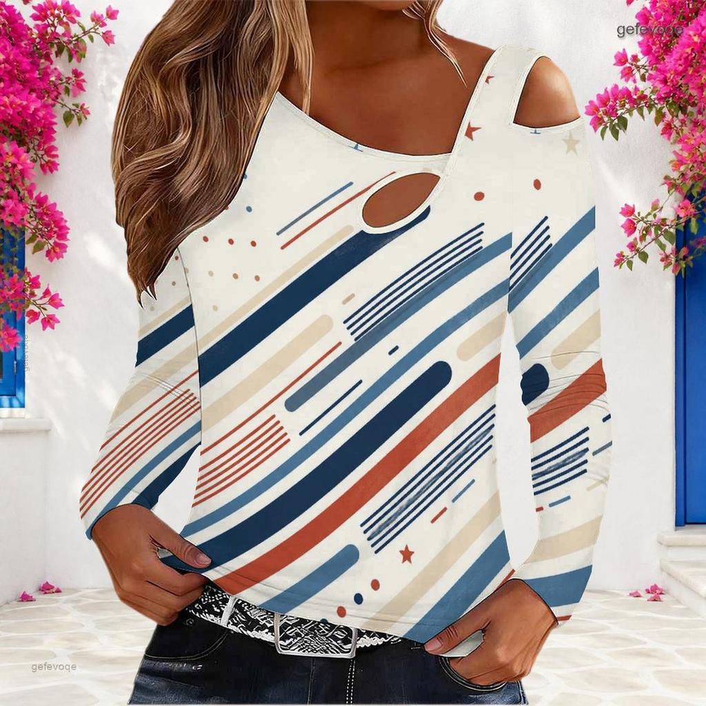Women Plus Size Asymmetric Cutout Neck Cold Shoulder Long Sleeve Eagle Star Stripe Print Shirt