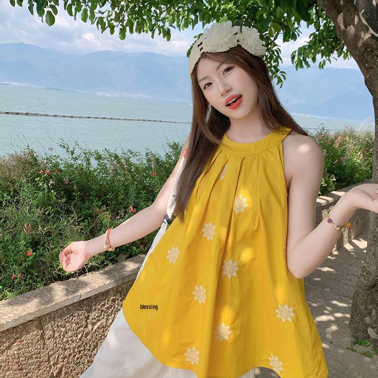 

Женский вышитый жилет с халтером без рукавов: Летняя свободного кроя плиссированная миди-длина отпускная верхняя одежда 2025 XL Premium жёлтый