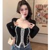 Women's Long-Sleeve Slim Fit Lace-Trim Square Neck Top for Autumn/Winter