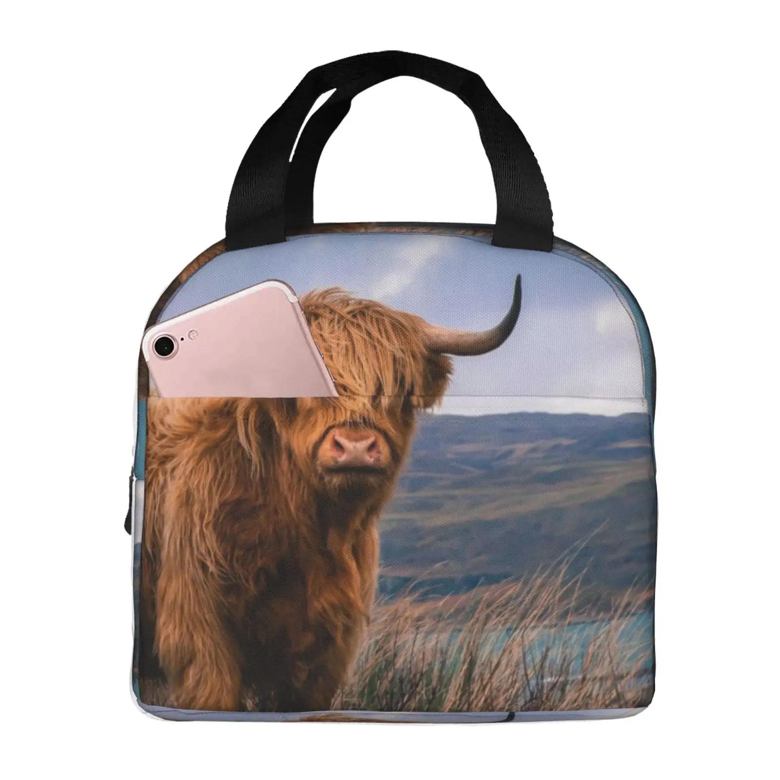 

Горная корова смешной бык термосумка для обеда милый западный портрет дикой природы животных Bento сумки изолированный ланч-бокс для работы школы 22x20x13CM