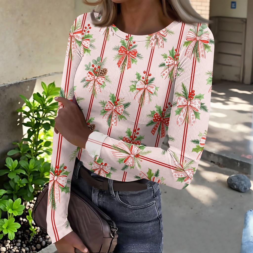 Women's Slim Fit Long Sleeve Base Layer T-Shirt with Christmas Print, Round Neck Pullover Top