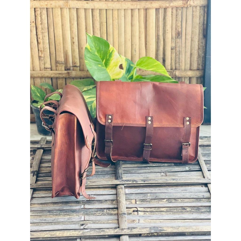 Leather Motorcycle Saddle Bags Brown Pouch Side Panniers Real Two