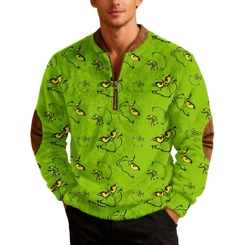 Men's Casual Cartoon-printed Semi-zipper Flannel Retro Long-sleeved Sweatshirt