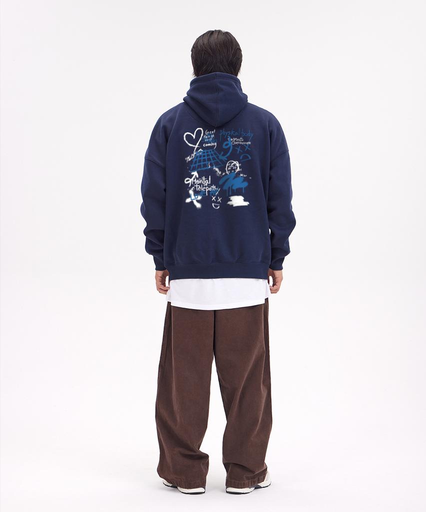 Graffiti Wide Shoulder Hoodie [Non-Fleece]_Navy