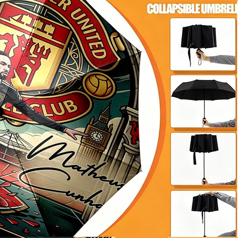 Custom Name Personalized Manchester United Print Umbrella, Auto Open Close, 8‑Rib Sturdy Frame, Commute Camping Hiking Use, Birthday Gift