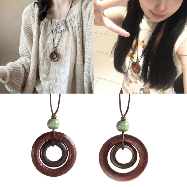 Vintage Wooden Round Ring Pendant Necklace Neck Chain Long Sweater Chain