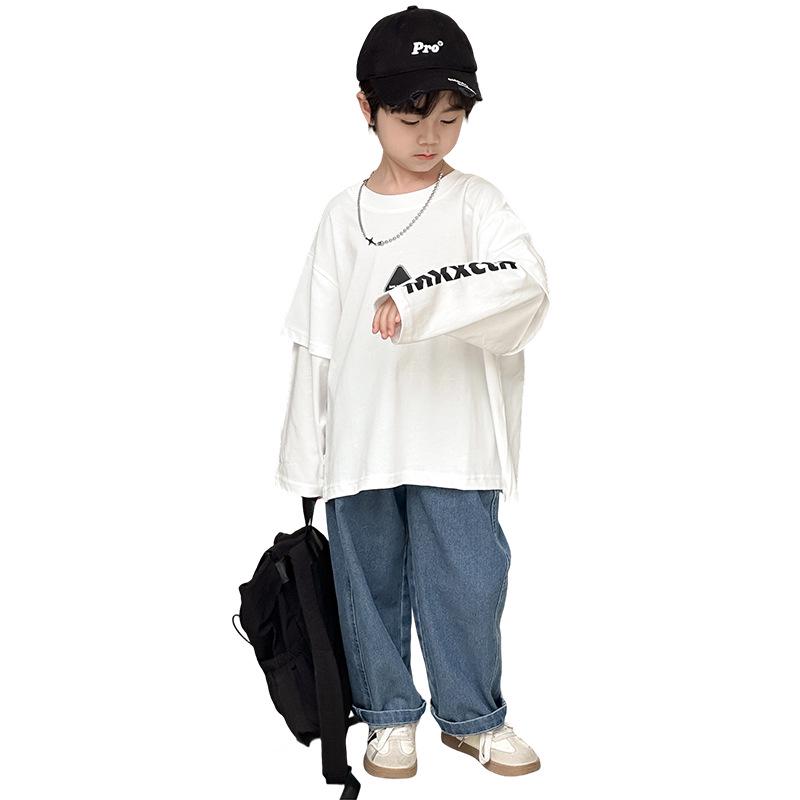 Boys' Trendy Hip-Hop Sweatshirt 2025: Autumn Style, Long-Sleeve Fake Two-Piece for Small and Medium Kids