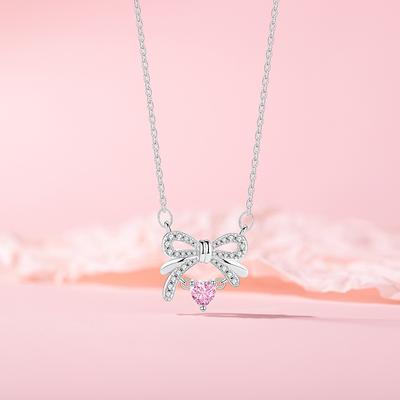 Original Design Heart Bow Necklace Jewelry Femininity Sweet Pink Zirconium Love Stainless Steel Clavicle Chain