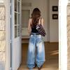 Womens Distressed Light Wash Denim Pants Vintage Low-Rise Wide Leg Straight Cut Casual Jeans
