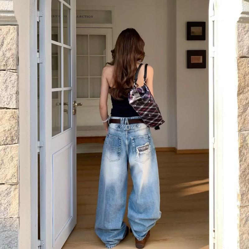 Womens Distressed Light Wash Denim Pants Vintage Low-Rise Wide Leg Straight Cut Casual Jeans