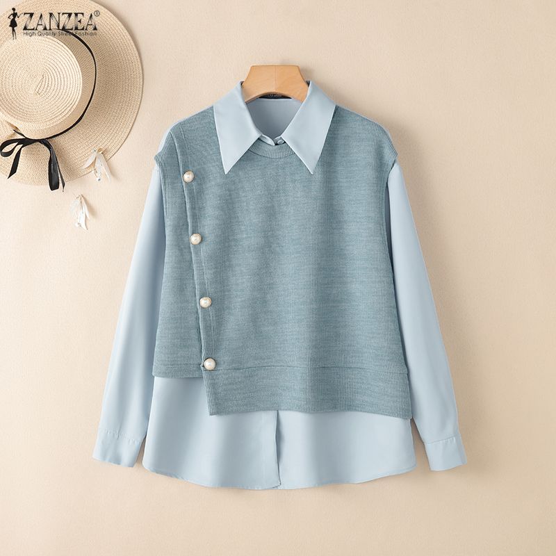 ZANZEA Women Caual Turn Down Collar Long Sleeve Autumn Patchwork Blouse