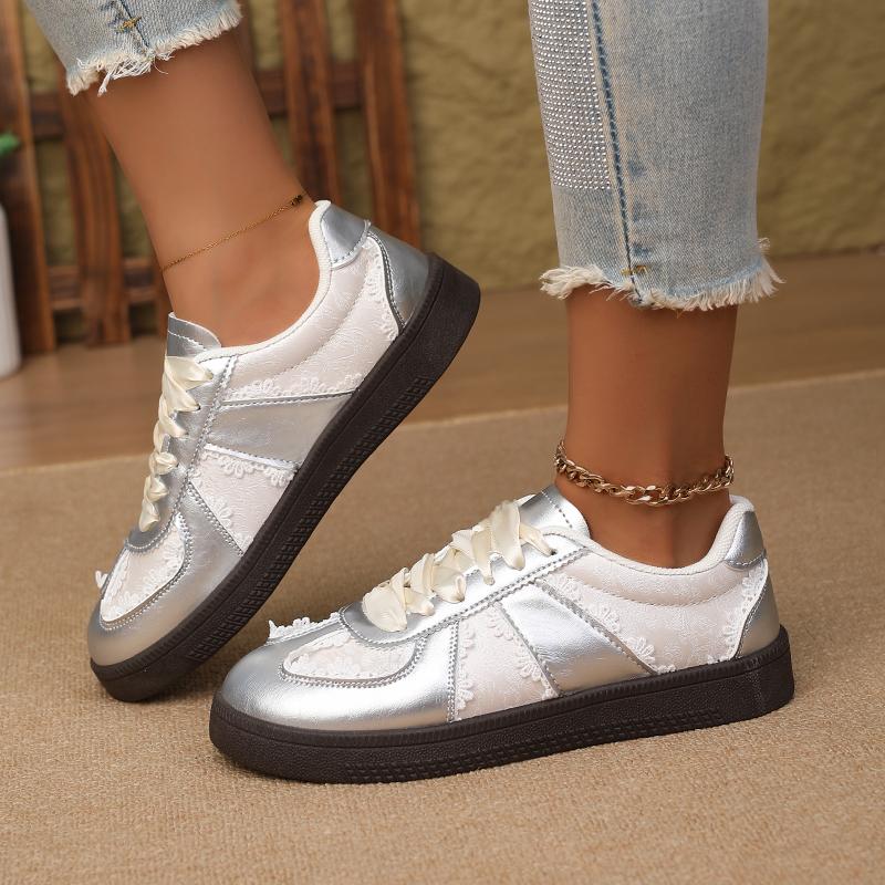 Silberne Lace Trainingsschuhe für Damen, HerbstNeu Atmungsaktive Weiße Schuhe Retro Dicke Sohle Schuhe