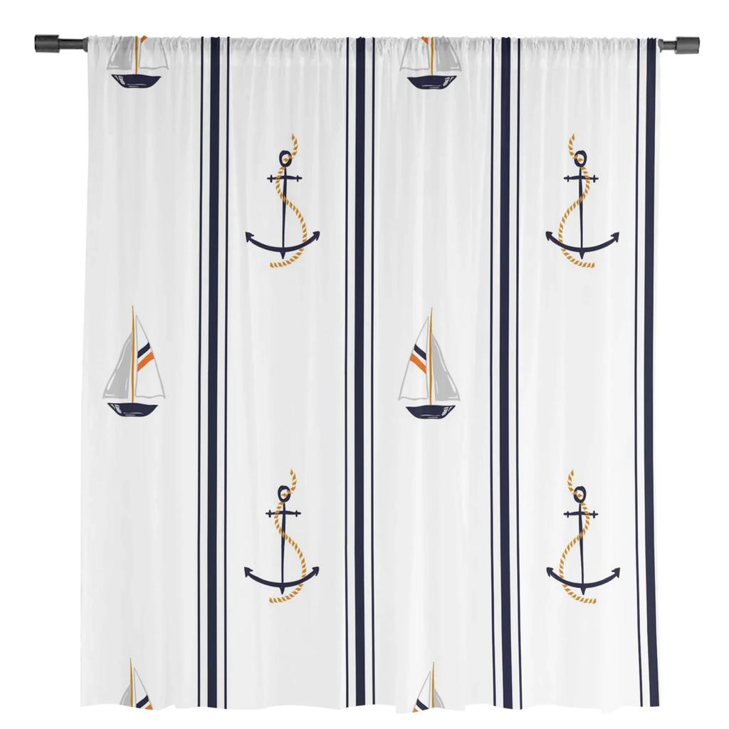 Båt Ankare Ränder Rektangel Vit Tyll Skira Fönstergardiner för Vardagsrum Sovrum Modern Voile Organza Gardiner Draperier