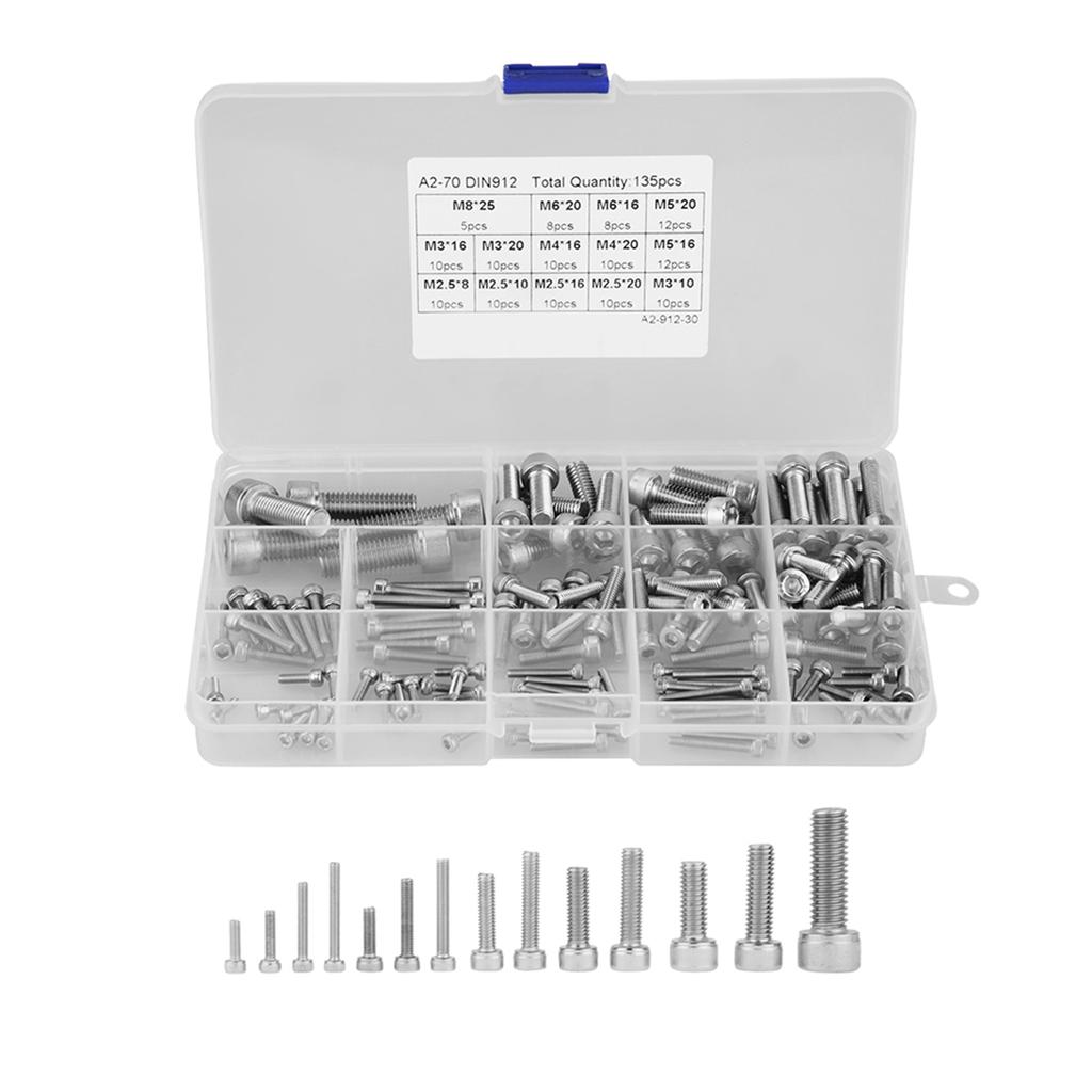 135pcs M2.5 M3 M4 M5 M6 M8 304 Stainless Steel Hex Socket Head   Screws Set, 304 Stainless Steel Hex Socket Head   Screws with Transparent Storage