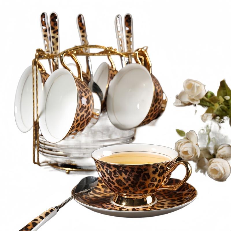 Retro Leopard Print Ceramic Coffee Cup and Dish Set Afternoon Tea Cups Breakfast Cup Water Cups Milk Mug Milk Tea Mug Teacup