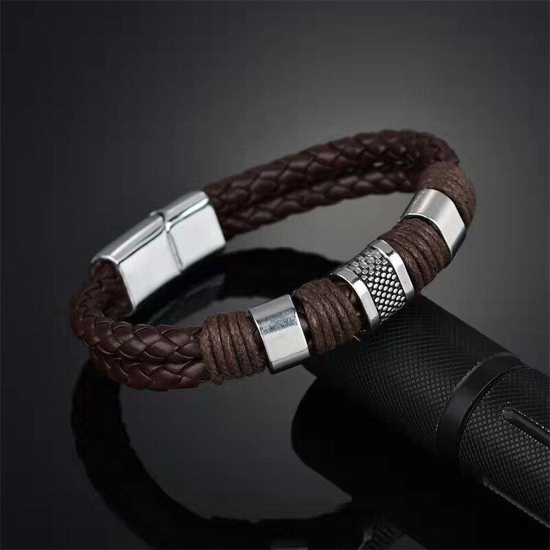 Bracelet for Men Multilayer Bangles Magnetic Clasp Imitation Cowhide Braided Multi Layer Wrap Trendy Bracelet Armband Gift