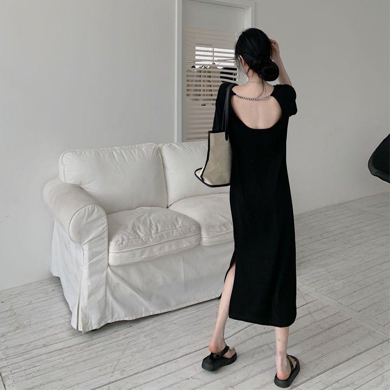 

Women s Plus Size Backless Midi T-Shirt Dress - Casual, Loose, Summer Style M чёрный