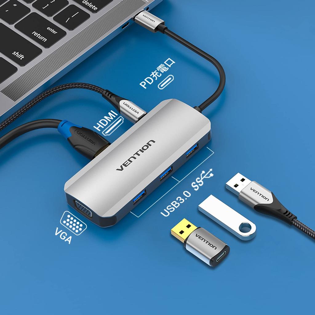 VENTION Hub Docking Station with USB and 5Gbps Fast Compatible with and Interfaces 6-in-1 PD100W, 3.0 X3, HDMI, VGA, Adapter, Charging, Driver-Free,