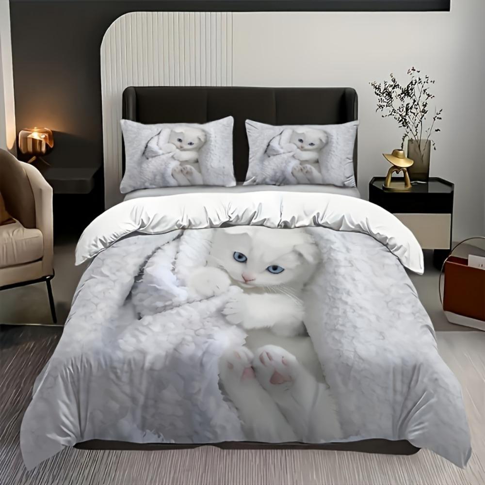 3pcs White Bedding Set Lovely Little Cat 3D Printed Warm Duvet Cover Set King Queen Twin Single Size Birthday Gift Bedroom Decor