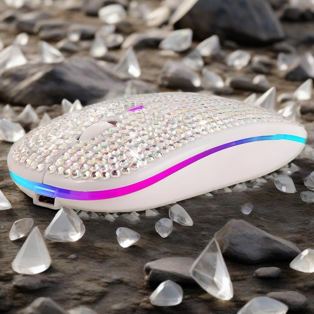 Wireless Bluetooth 2.4G Type-C Rechargeable Mouse with Rhinestones, Three-Stage DPI Adjustment, Crystal Diamond Design, Silent Operation, Receiver