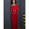 Shemoda Fashion Ins Style Sexy off-the-Shoulder off-Neck Mesh Patchwork Waist-Slimming Cut Out Long Sleeves Dress Women's Clothing