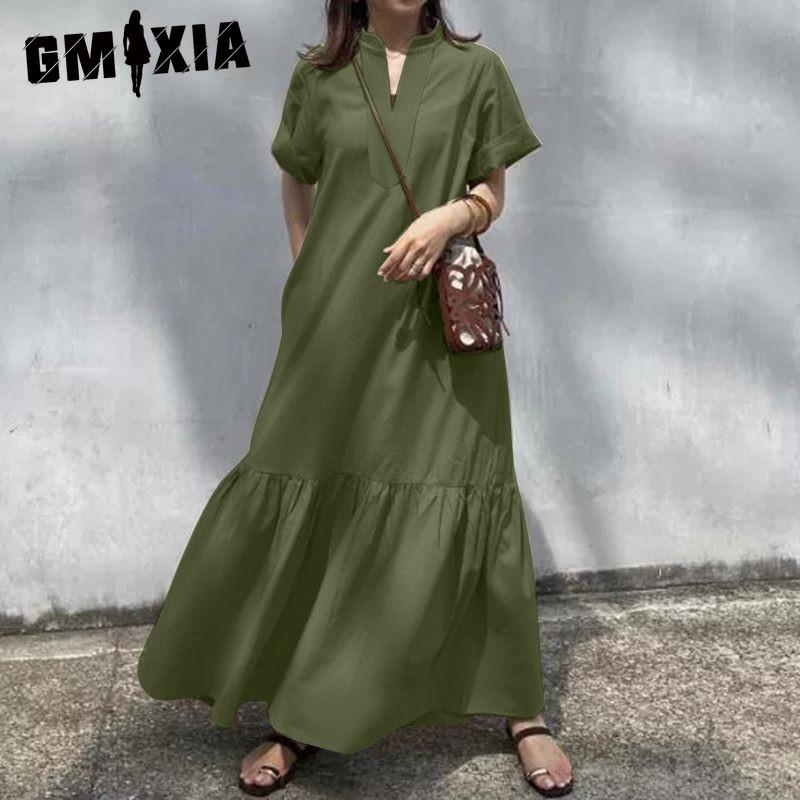 

GMXIA S-5XL Летнее повседневное однотонное женское длинное платье с V-образным вырезом и короткими рукавами XXXXXL зелёный