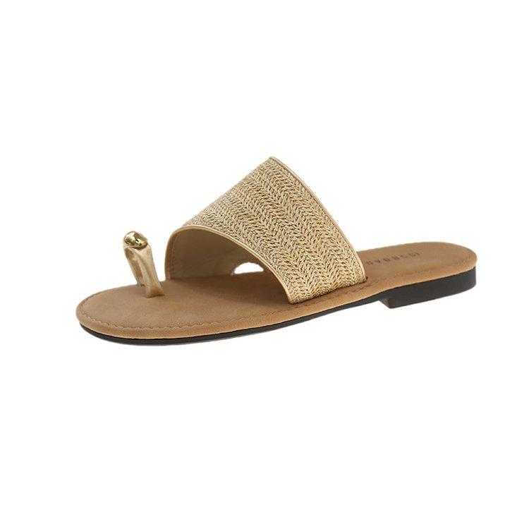 

Grape mother same holiday style metal temperament square head flats 2025 summer grass woven cover toe cool slippers women 35