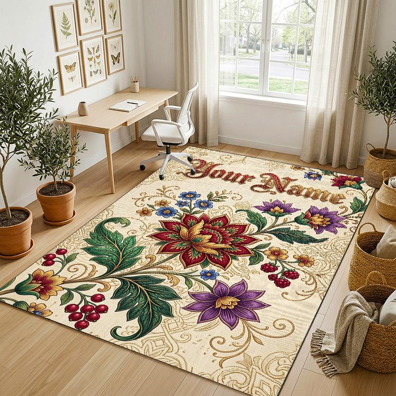 Floral Garden Theme Crystal Velvet Rug Personalized Custom Name Text Soft Floor Mat Home Decor