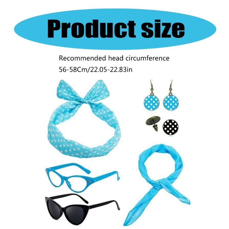 1950's Womens Costume Accessories 50s Scarf Cats Eye Glasses Bandana Tie Polkas Dot Headband Drop Earrings for Halloween