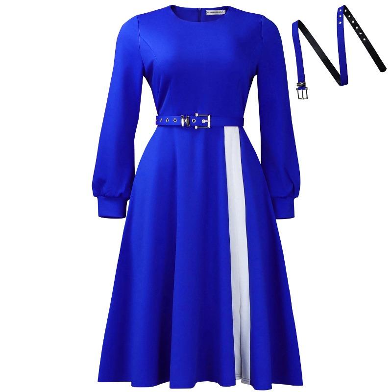 Women High Waist Solid Color Round Neck Short Sleeve Plus Size Elegant Midi Dress